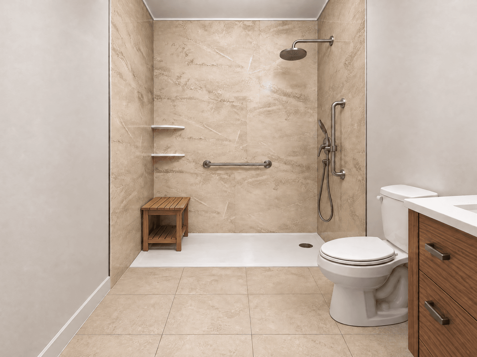 Curbless walk-in shower with premium wall panels, grab bar, teak bench and handheld shower