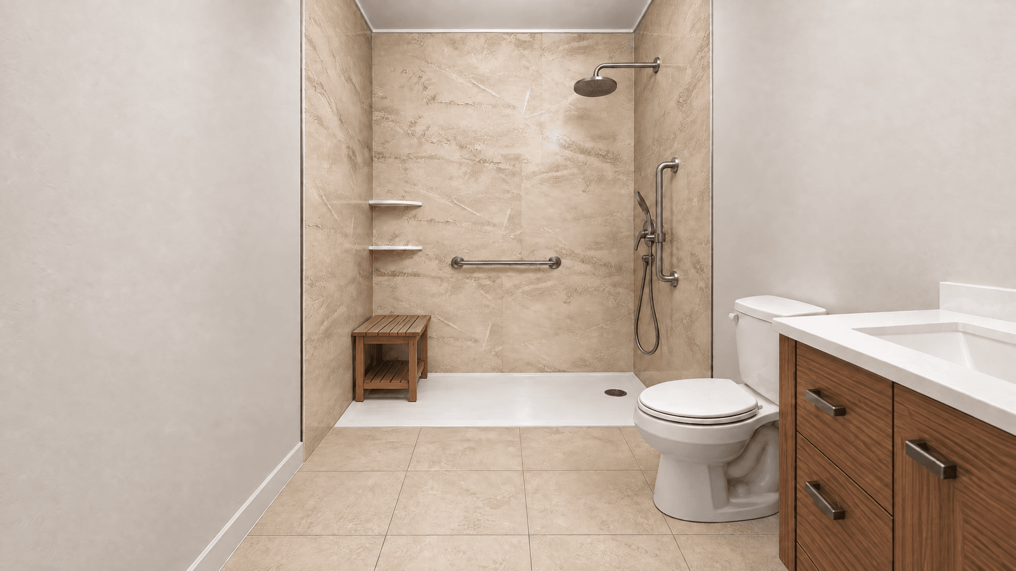 Accessible walk-in shower with a low entry, grab bar, shower bench, and handheld showerhead.