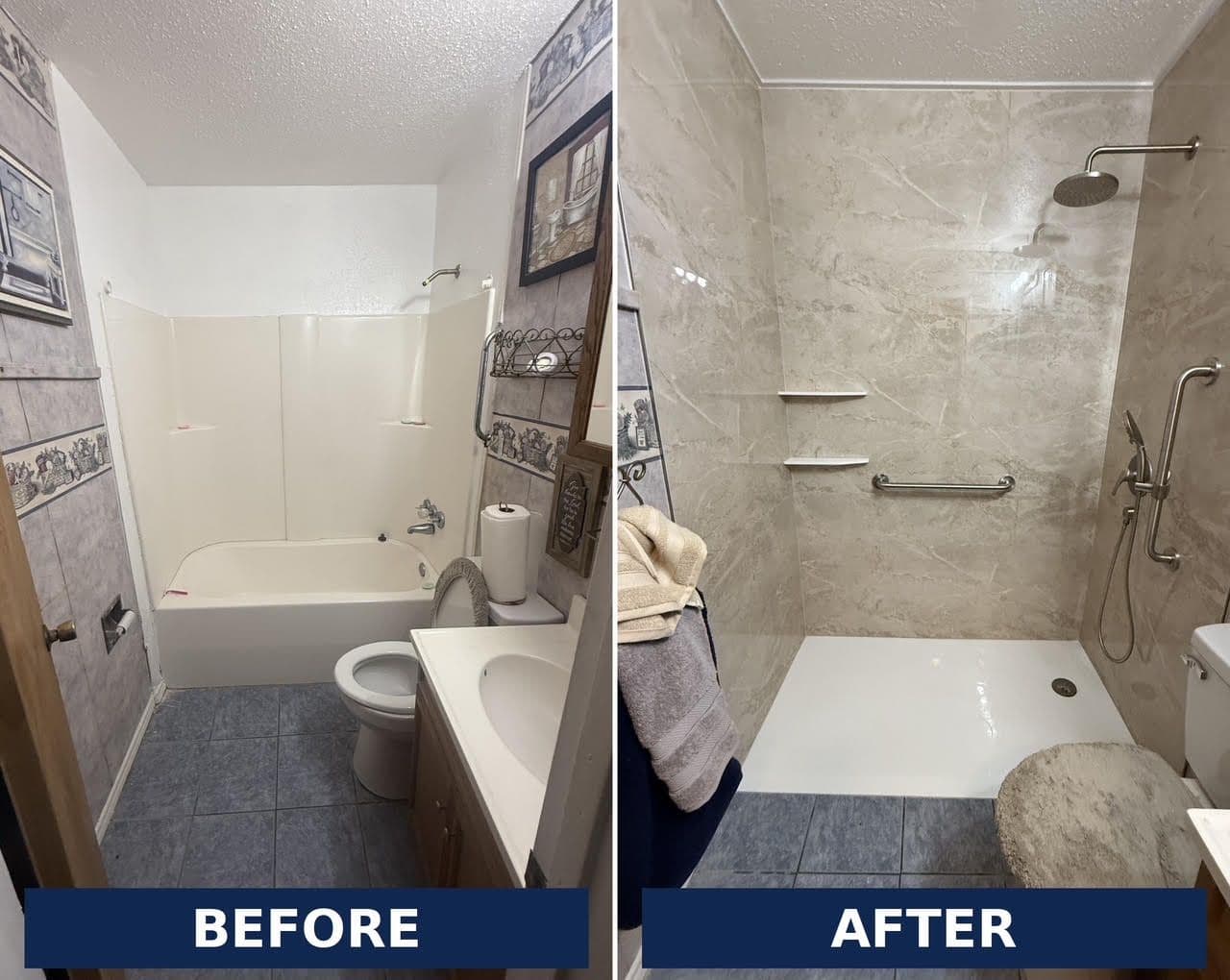 Minnie's new low-threshold shower remodel near College Station, TX