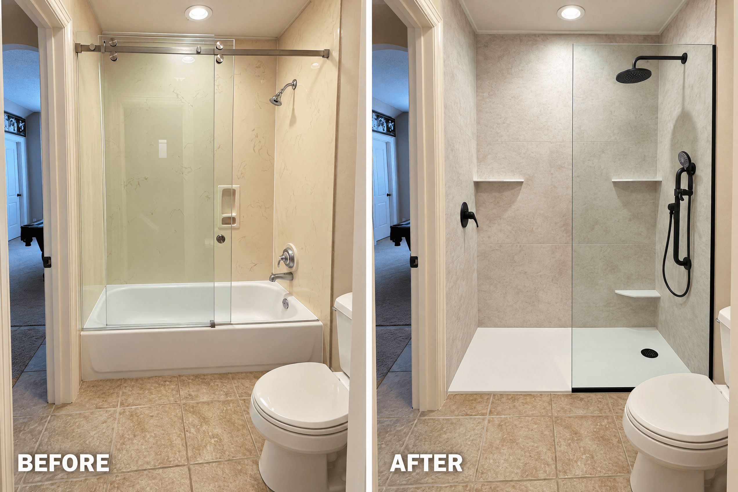 Before and after tub-to-shower conversion in The Woodlands, TX, near Spring